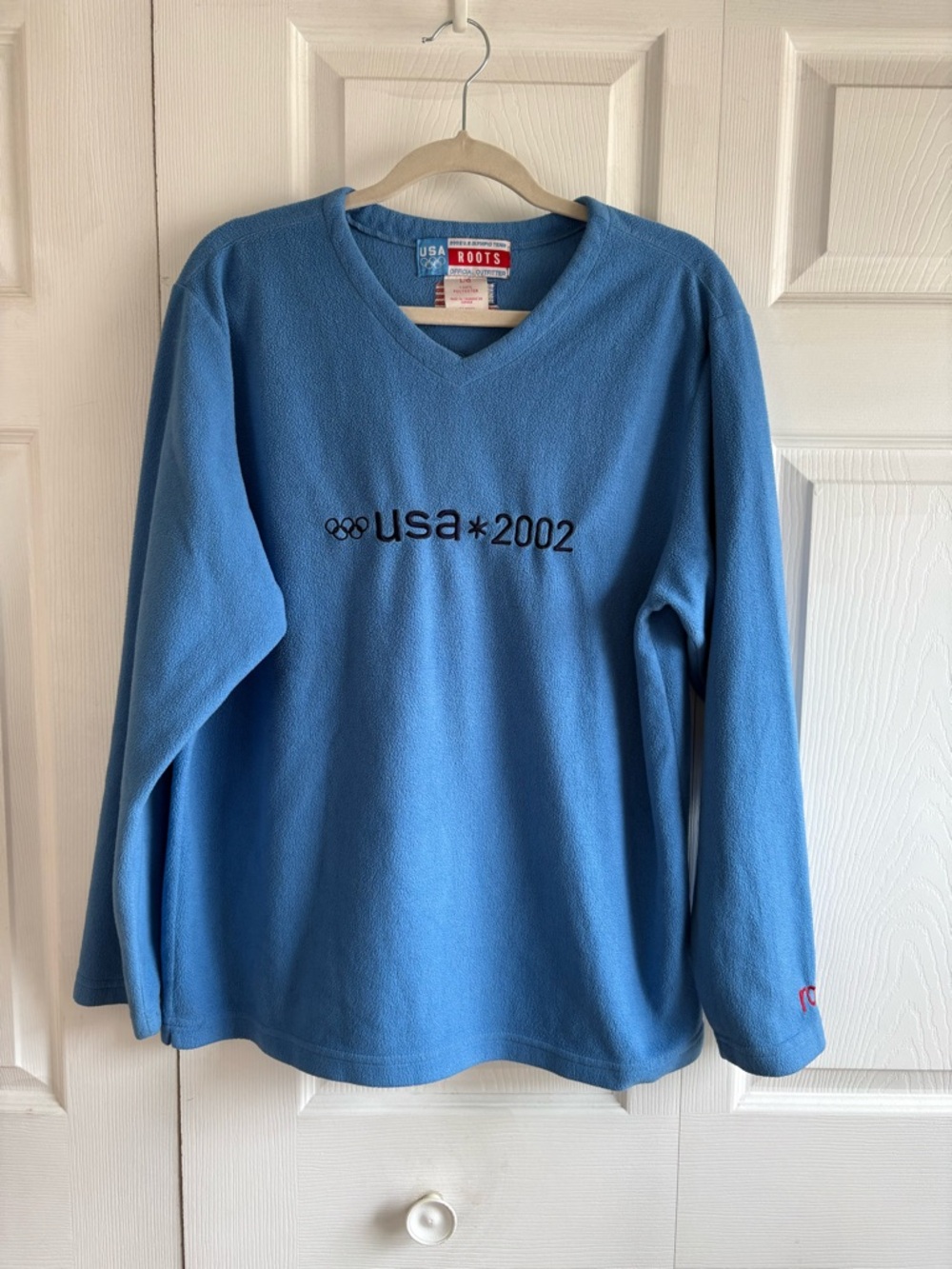 Vintage Roots 2002 Team USA Blue Winter Olympics Salt LakeCity Flag Sweatshirt L